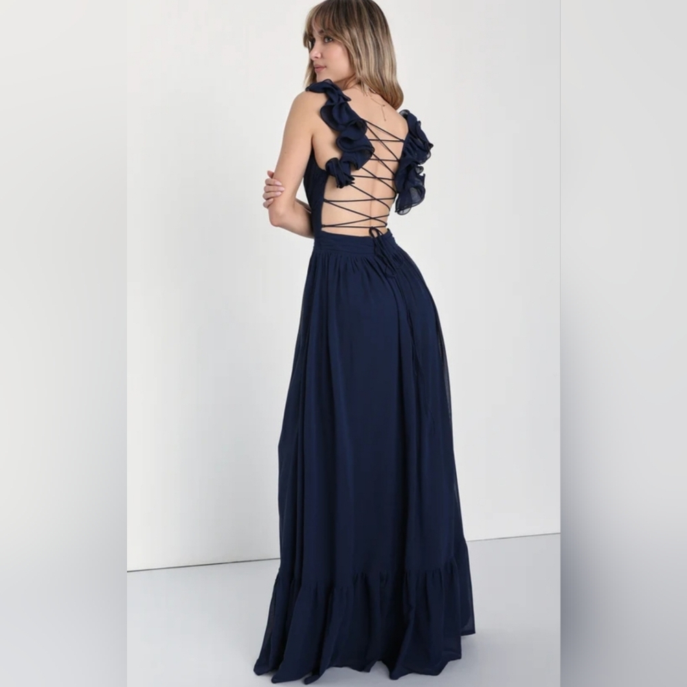 Lulus nwot Soiree Celebration Navy Blue Ruffled Lace-Up Maxi Dress.   Size small